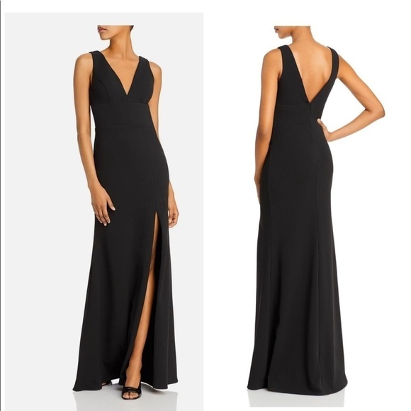 AQUA FORMAL Black Slitted V Neck Evening Sheath Dress - Picture 1 of 9